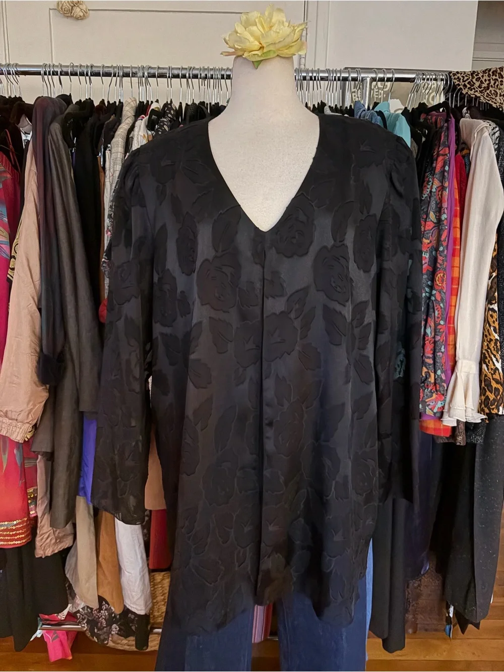 Vintage 90s Patra Stenay Black Tonal Rose Jacquard Blouse